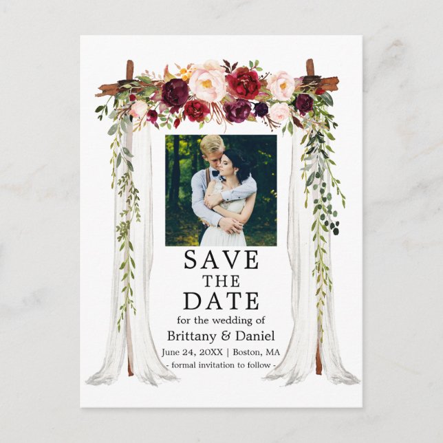 Wedding Canopy Watercolor Burgundy Floral Photo Announcement Postcard (Front)