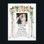 Wedding Canopy Watercolor Coral White Floral Photo Announcement Postcard<br><div class="desc">Elegant Wedding Canopy Watercolor Pink White Floral Wedding Engagement Announcement Save The Date Postcard includes beautiful coral and white roses. The wood wedding canopy arch includes botanical greenery. Couple Photo.</div>