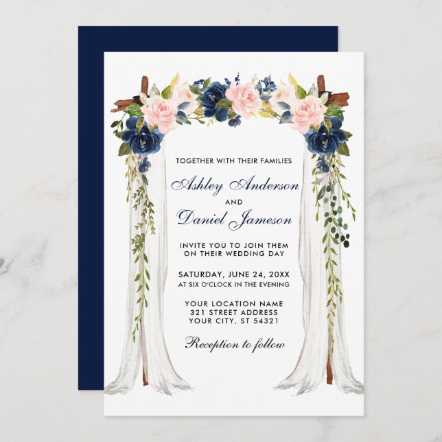 Wedding Canopy Watercolor Floral Pink Blue Invitation (Front/Back)