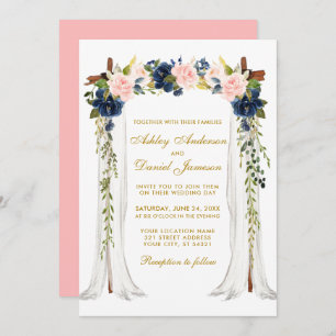 Wedding Canopy Watercolor Pink Blue Floral Gold Invitation