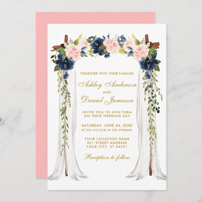 Wedding Canopy Watercolor Pink Blue Floral Gold Invitation (Front/Back)
