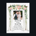 Wedding Canopy Watercolor Pink White Floral Photo Announcement Postcard<br><div class="desc">Elegant Wedding Canopy Watercolor Pink White Floral Wedding Engagement Announcement Save The Date Postcard includes beautiful pink and white roses. The wood wedding canopy arch includes botanical greenery. Couple Photo.</div>