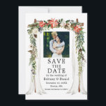 Wedding Canopy Watercolor Poinsettia Floral Photo Save The Date<br><div class="desc">Elegant Wedding Canopy Watercolor Poinsettia Floral Photo Save the Date Card includes red poinsettias,  white roses,  pine cones and botanical greenery. Couple Photo.</div>
