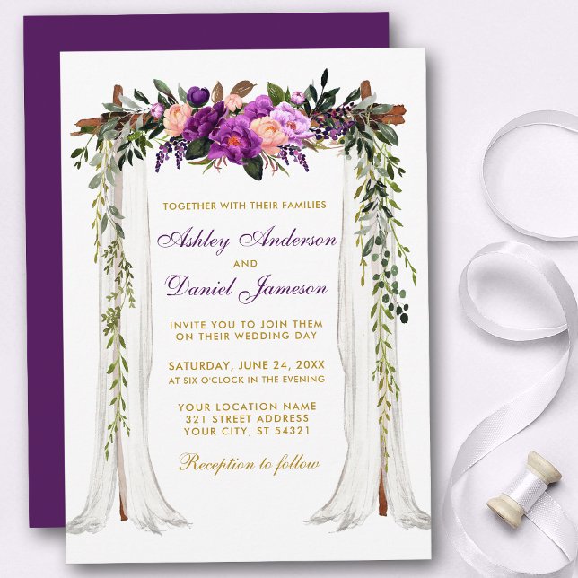 Wedding Canopy Watercolor Purple Floral Gold Invitation (Customize to change text color, style, add text & photos to back or change color of back of card.)