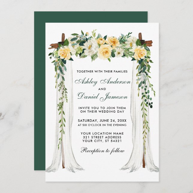 Wedding Canopy Watercolor Yellow Floral Green Invitation (Front/Back)