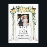 Wedding Canopy Watercolor Yellow Floral Photo Announcement Postcard<br><div class="desc">Elegant Wedding Canopy Watercolor Yellow White Floral Wedding Engagement Announcement Save The Date Postcard includes beautiful yellow and white roses. The wood wedding canopy arch includes botanical greenery. Couple Photo.</div>