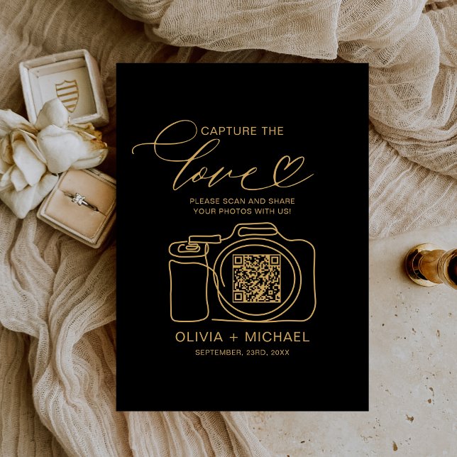 Wedding Capture The Love Black Gold QR Code Photo Enclosure Card (Creator Uploaded)