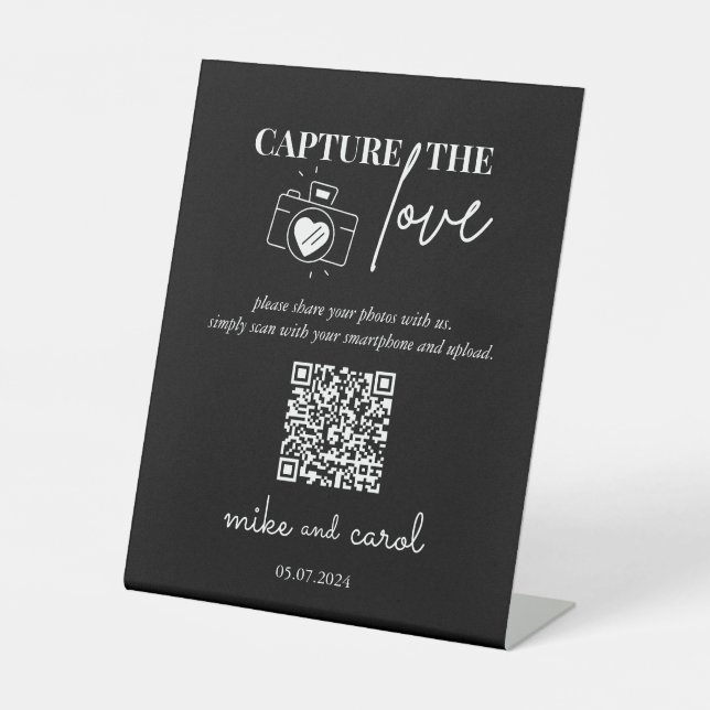 Wedding Capture The Love | Photo Sharing QR Code Pedestal Sign (Front)