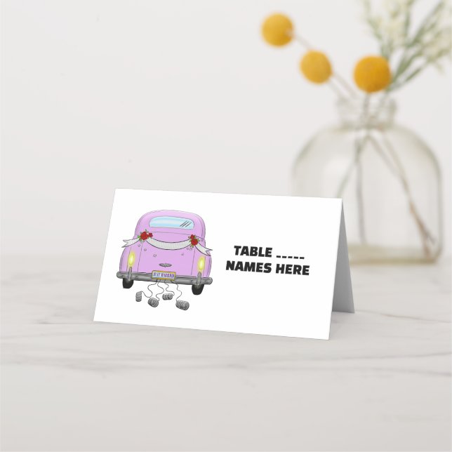 WEDDING car and cans retro Folded Place Cards (Front)