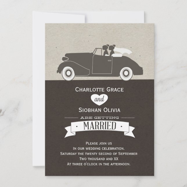 Wedding Car Two Bride Lesbian Wedding Invitation (Front)