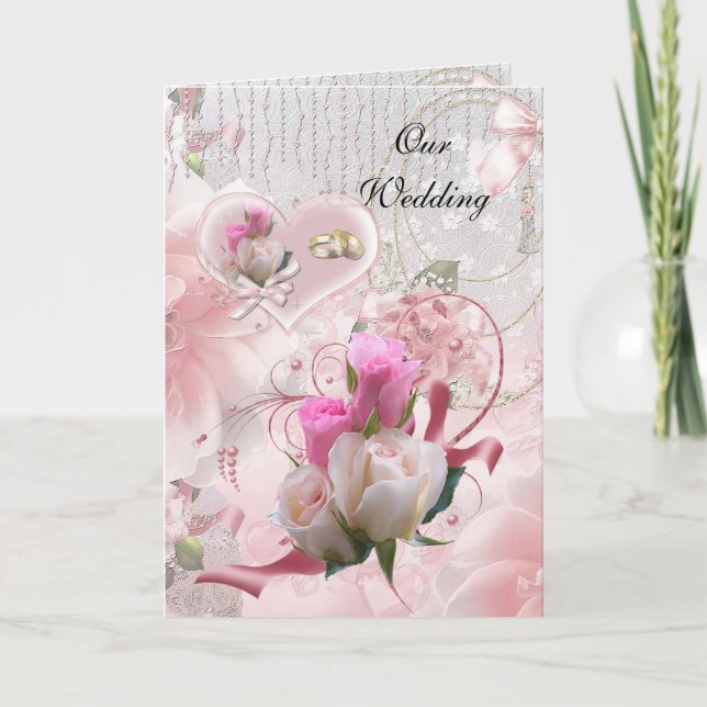 Wedding Card Pink Flowers Rings (Front)