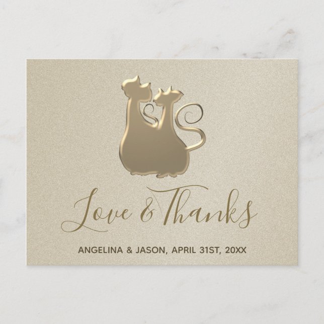 Wedding Cat Couple Golden Elegant Thank You Postcard (Front)