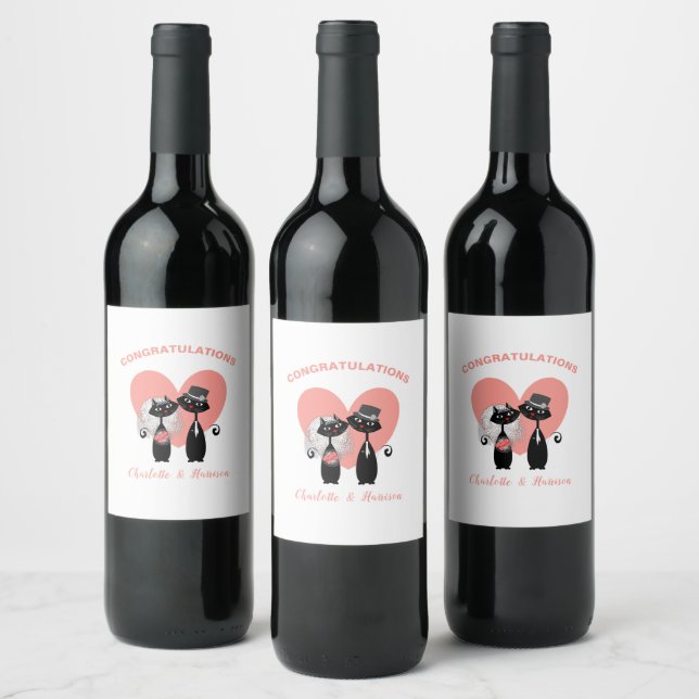 Wedding Cats Elegant Black White Coral Cute Wine Label (Bottles)