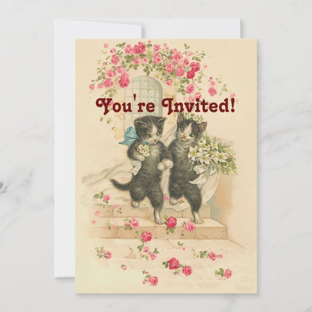 Wedding Cats Vintage Soft Gold Invitation (Front)