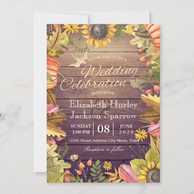 Wedding Celebration Autumn Maple Leaf Pumpkin Wood Invitation (Front)
