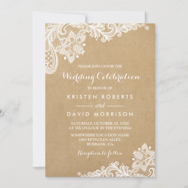Wedding Celebration Classy Floral Lace Kraft Invitation (Front)