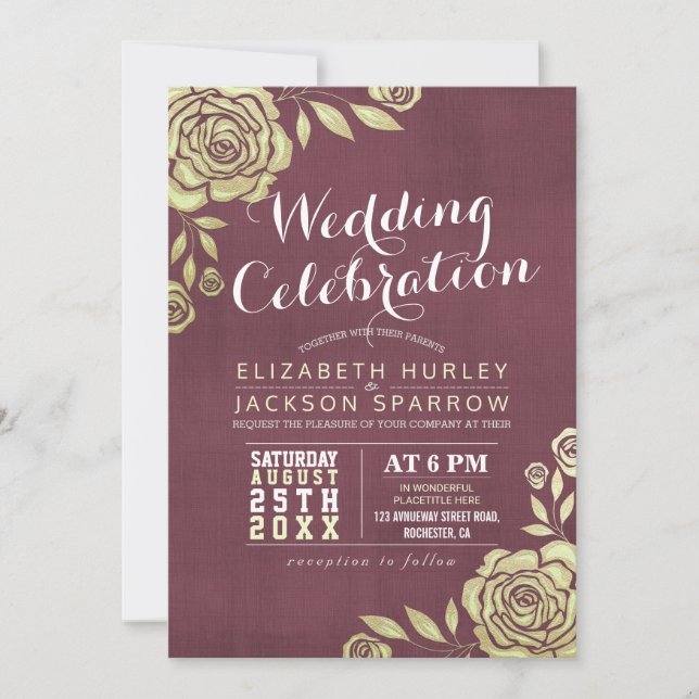 Wedding Celebration Modern Gold Roses Burgundy Red Invitation (Front)