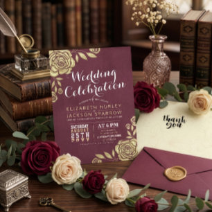 Wedding Celebration Modern Gold Roses Burgundy Red Invitation