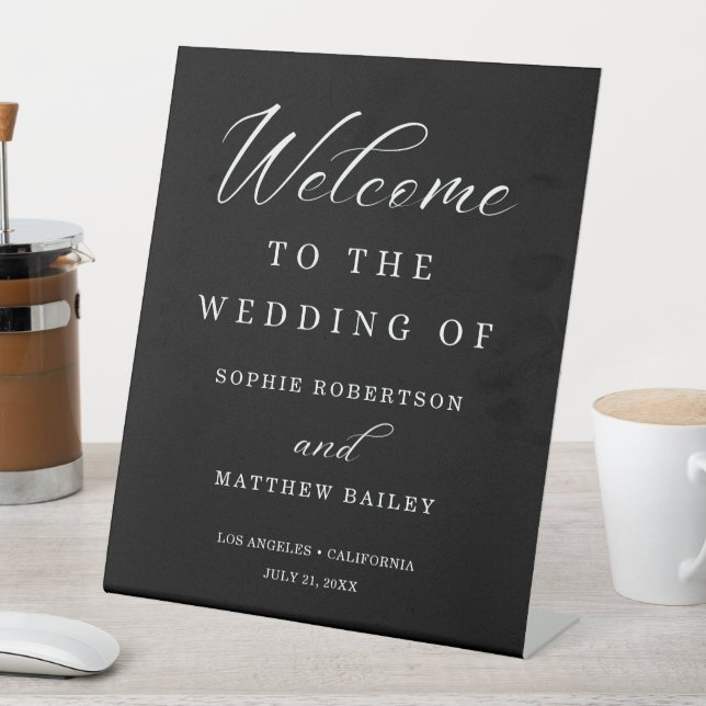 Wedding Celebration Modern Script Welcome Pedestal Sign (In SItu)