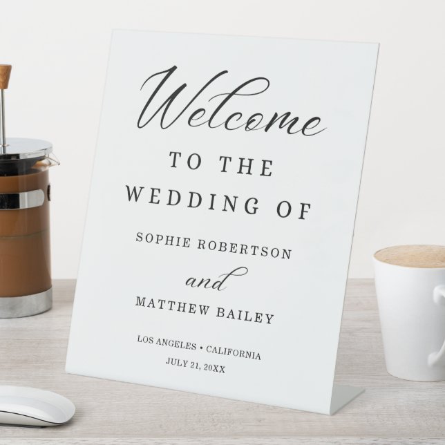 Wedding Celebration Modern Script Welcome Pedestal Sign (In SItu)