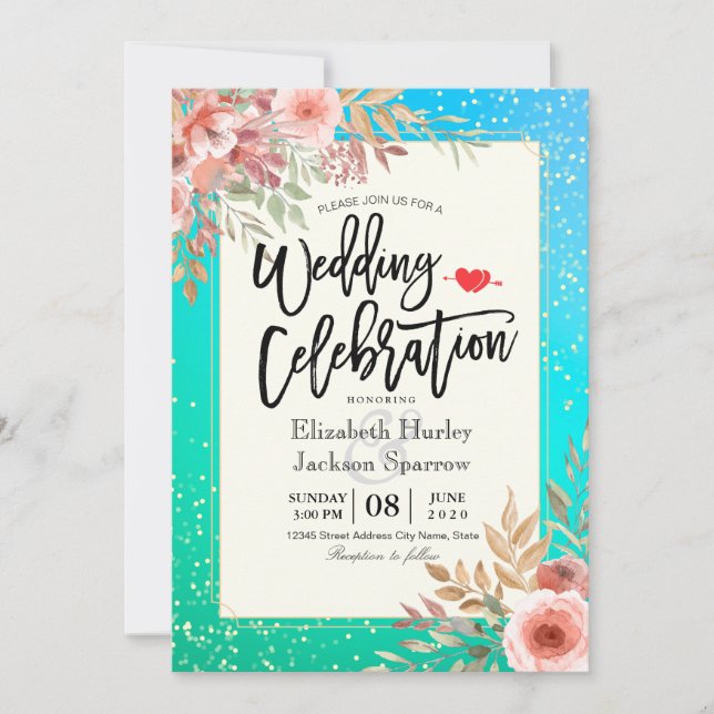 Wedding Celebration Pink Floral Teal Gold Confetti Invitation (Front)