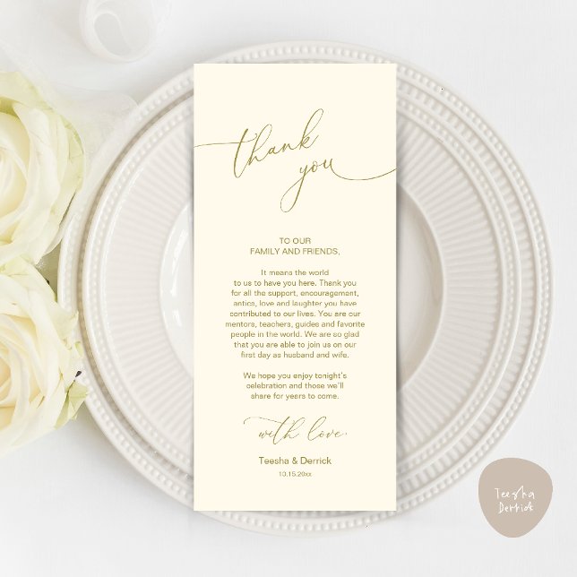 Wedding Celebration Place Setting Thank You Card (Wedding Dinner Celebration Place Setting Thank You Modern Romantic Card in Yellow Gold)