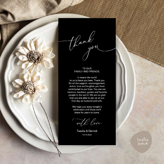 Wedding Celebration Place Setting Thank You Card (Wedding Dinner Celebration Place Setting Thank You Modern Romantic Card in Classy Black White)