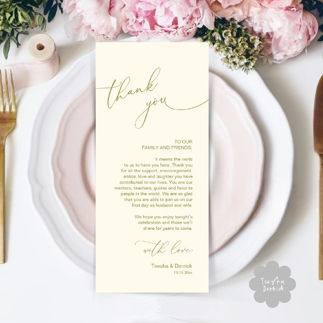 Wedding Celebration Place Setting Thank You Card (Wedding Dinner Celebration Place Setting Thank You Modern Romantic Card in Yellow Gold)