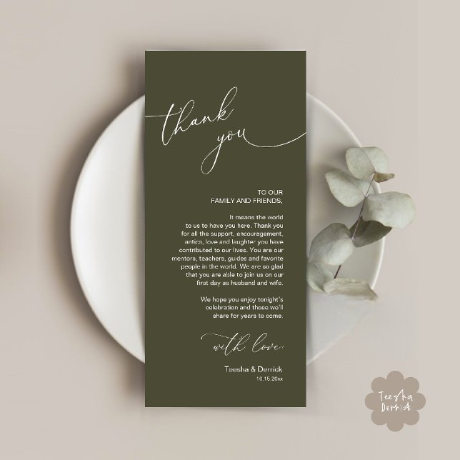 Wedding Celebration Place Setting Thank You Card (Wedding Dinner Celebration Place Setting Thank You Modern Romantic Card in Olive Green)