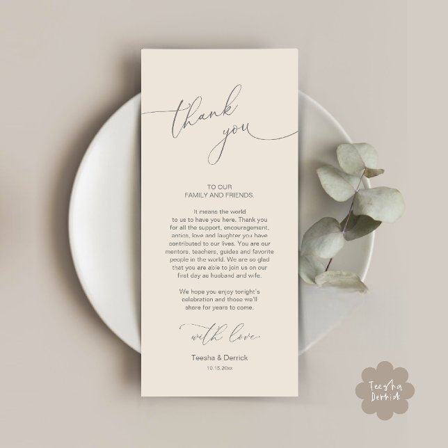 Wedding Celebration Place Setting Thank You Card (Wedding Dinner Celebration Place Setting Thank You Modern Romantic Card in Cream Grey)