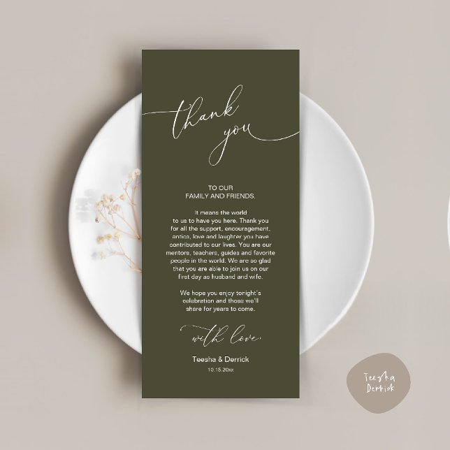 Wedding Celebration Place Setting Thank You Card (Wedding Dinner Celebration Place Setting Thank You Modern Romantic Card in Olive Green)