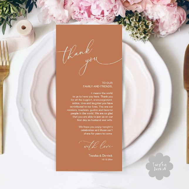 Wedding Celebration Place Setting Thank You Card (Wedding Dinner Celebration Place Setting Thank You Modern Romantic Card in Copper Brown Terracotta)