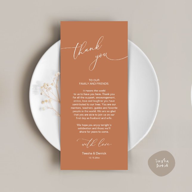 Wedding Celebration Place Setting Thank You Card (Wedding Dinner Celebration Place Setting Thank You Modern Romantic Card in Copper Brown Terracotta)