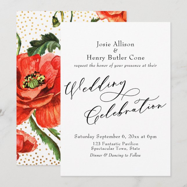 Wedding Celebration Red Poppies Gold Confetti Back Invitation (Front/Back)