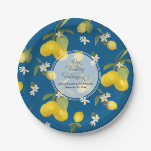 Wedding Celebration Royal Blue Lemon Flower Citrus Paper Plate