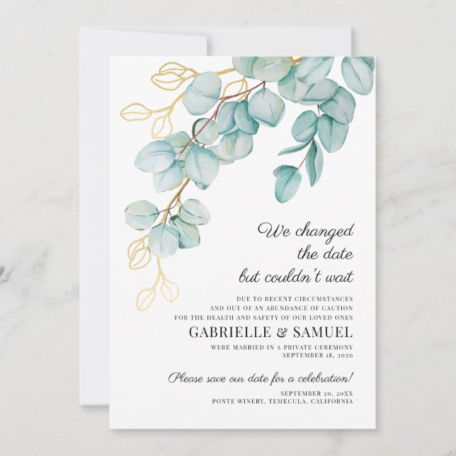 Wedding Celebration Teal and Gold Eucalyptus Announcement (Front)