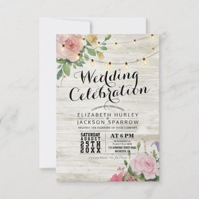 Wedding Celebration White Wood Floral String Light Invitation (Front)