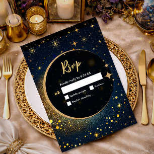 Wedding Celestial Midnight Blue Stars Moon RSVP Card