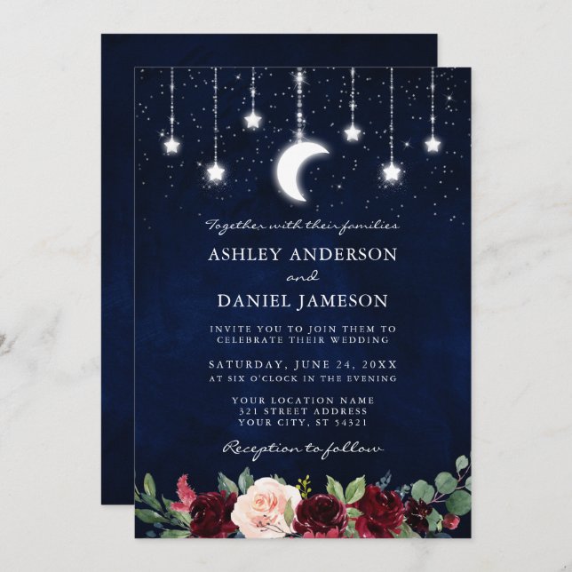 Wedding Celestial Moon Stars Lights Floral Photo Invitation (Front/Back)
