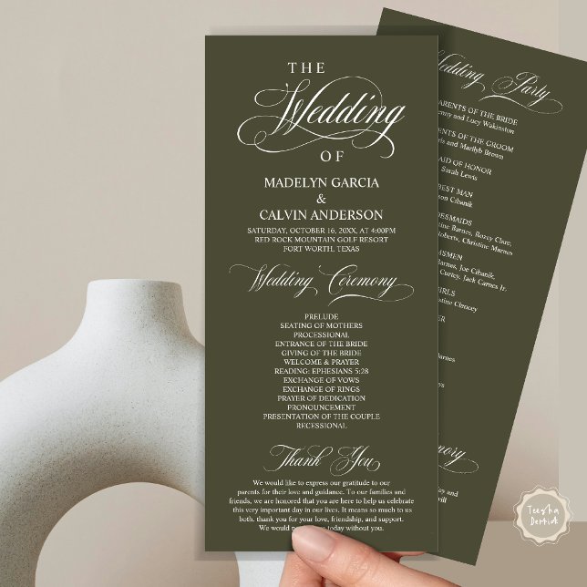 Wedding Ceremony, Classy Elegance Dusty Blue Programme (Wedding Ceremony Program Card, in Modern Classy Elegant Design, in Olive Green)