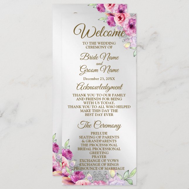Wedding Ceremony Colourful Pink Floral Golden Programme (Front/Back)