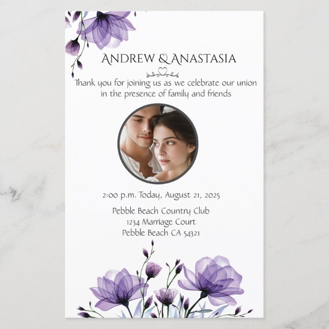 Wedding Ceremony Day of Program Photo & Floral (Front)