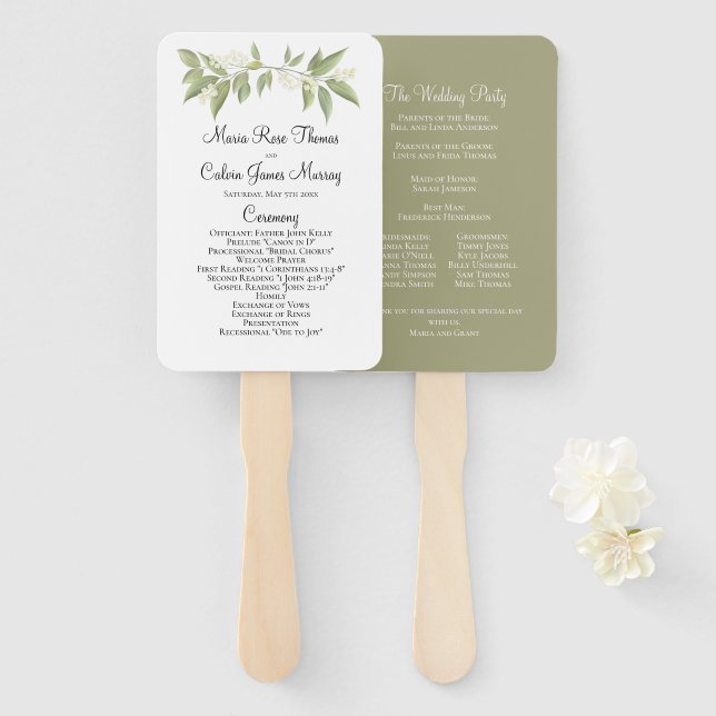 Wedding Ceremony Elegant Sage Greenery Foliage Hand Fan (Front and Back)