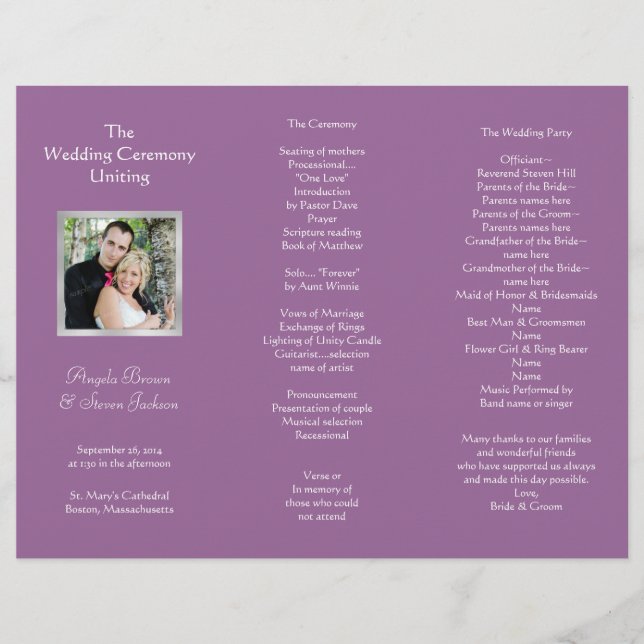Wedding Ceremony Folded Program With Photo (Front)