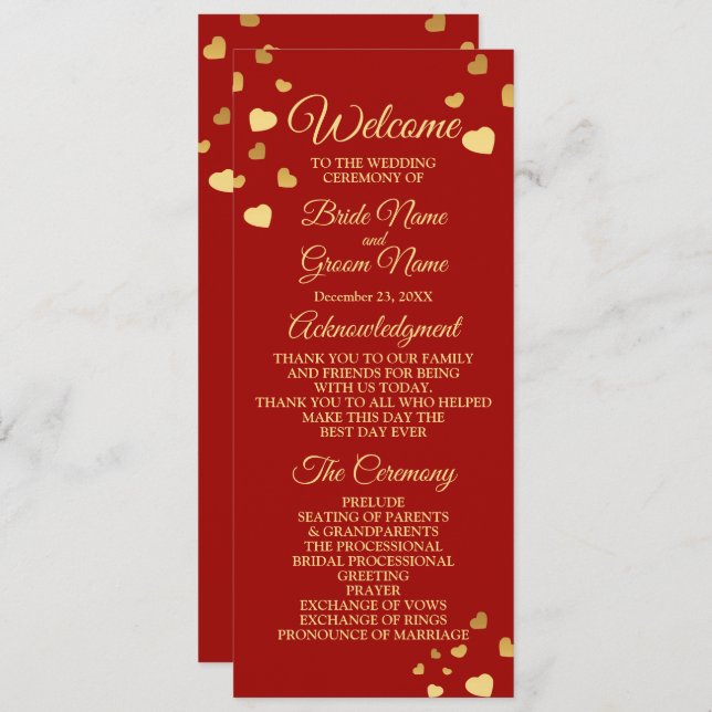 Wedding Ceremony Golden Birds Hearts Red Shiny Programme (Front/Back)
