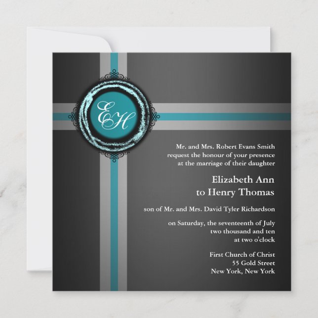 Wedding Ceremony Invitation Grey Turquois Embossed (Front)