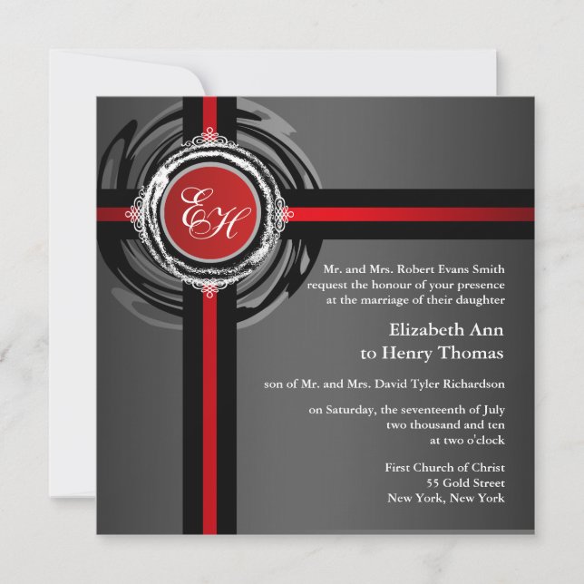 Wedding Ceremony Invitation Red Silver Embossed (Front)