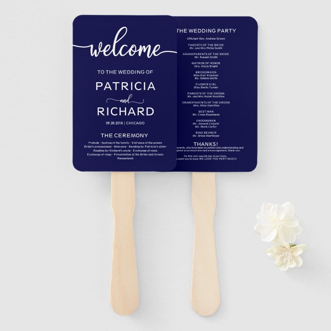 Wedding Ceremony Order of Service Chic Navy Blue Hand Fan (Front and Back)