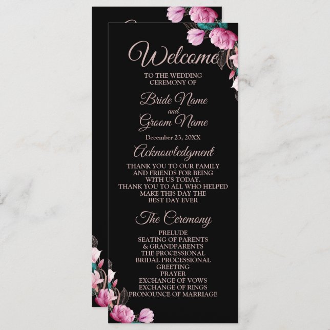 Wedding Ceremony Pink Floral Black Modern Programme (Front/Back)
