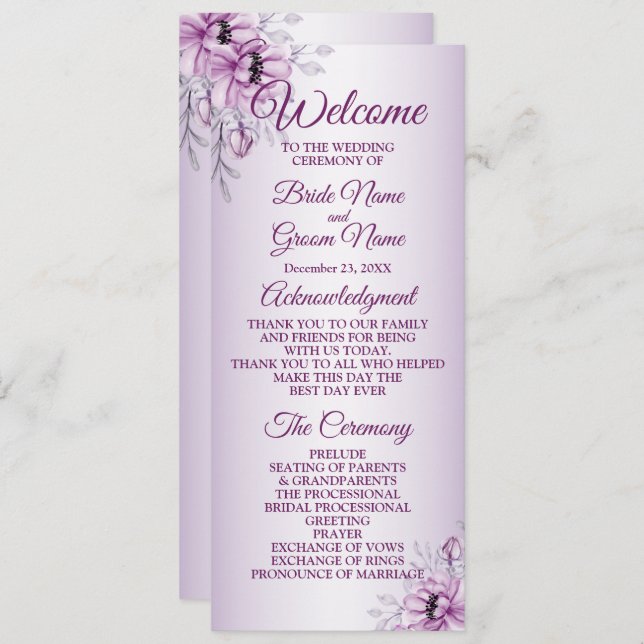 Wedding Ceremony Pink Floral Violet Purple Frame Programme (Front/Back)